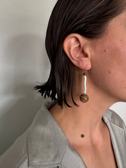 // LONG PEARL EARRINGS ~ Unakite
