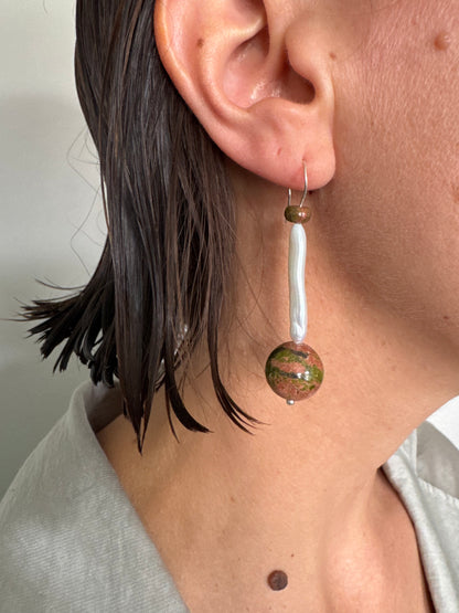 // LONG PEARL EARRINGS ~ Unakite